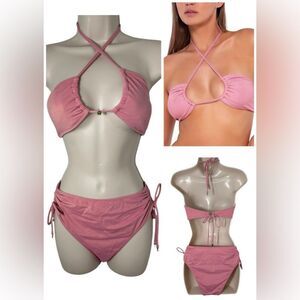Victorias Secret Sexy Pink Sparkly High Waisted Strappy Bikini Set